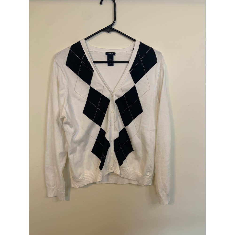 IZOD Cardigan Sweater Women XL White Good Argyle V-Neck Cotton Knit